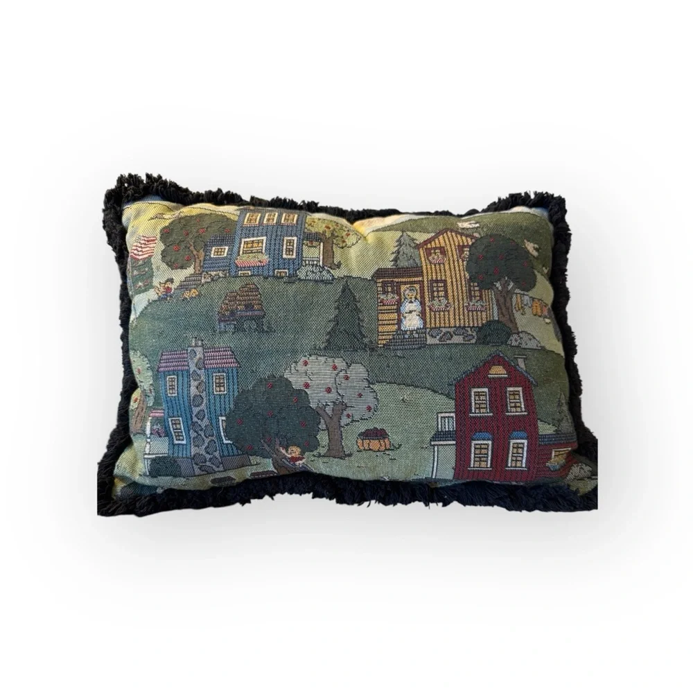 Vintage Tapestry Throw Pillow with Fringe
